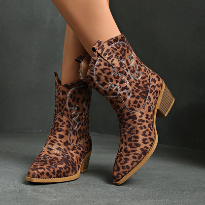 Damen Kurzschaft Westernboots Mit Stickerei Und Blockabsatz