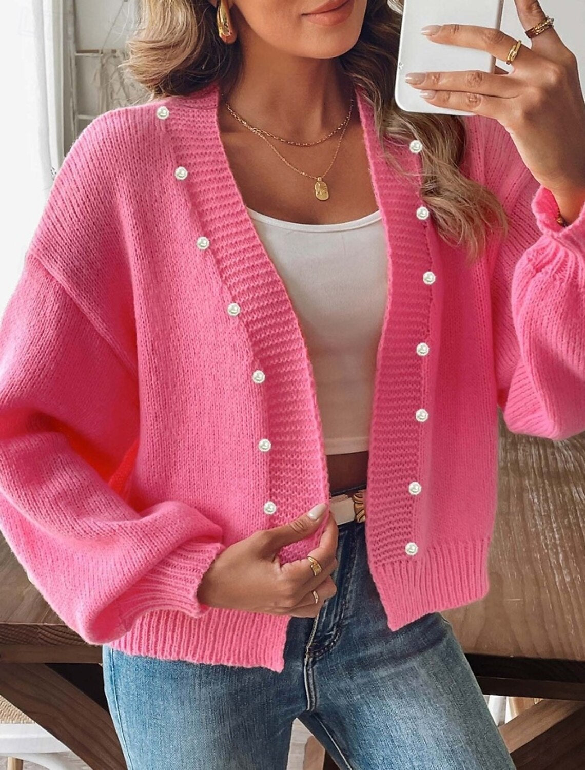 Damen Strickcardigan Mit Balloonärmeln Und Perlenknöpfen