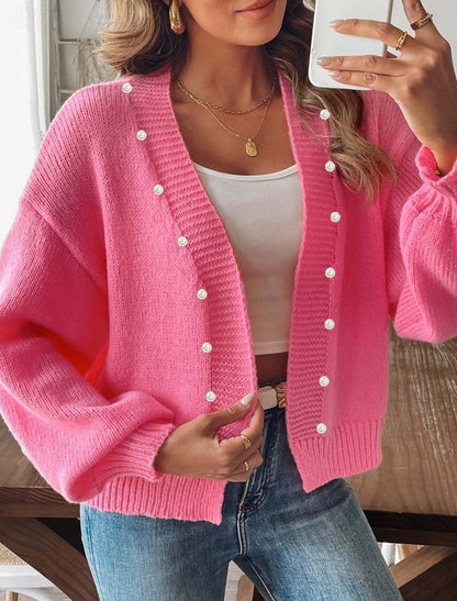 Damen Strickcardigan Mit Balloonärmeln Und Perlenknöpfen
