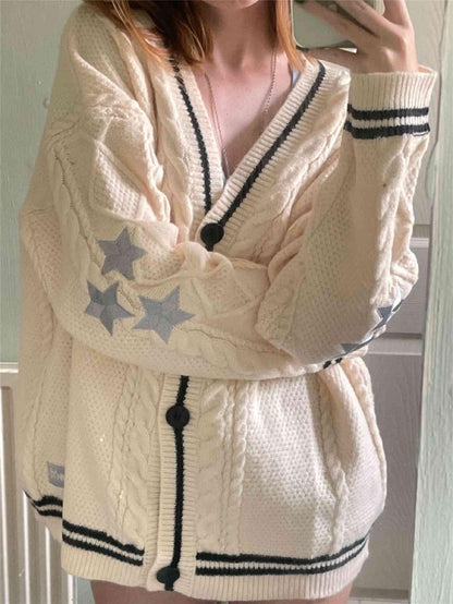Damen Oversized Zopfmuster Cardigan Mit Sternapplikationen