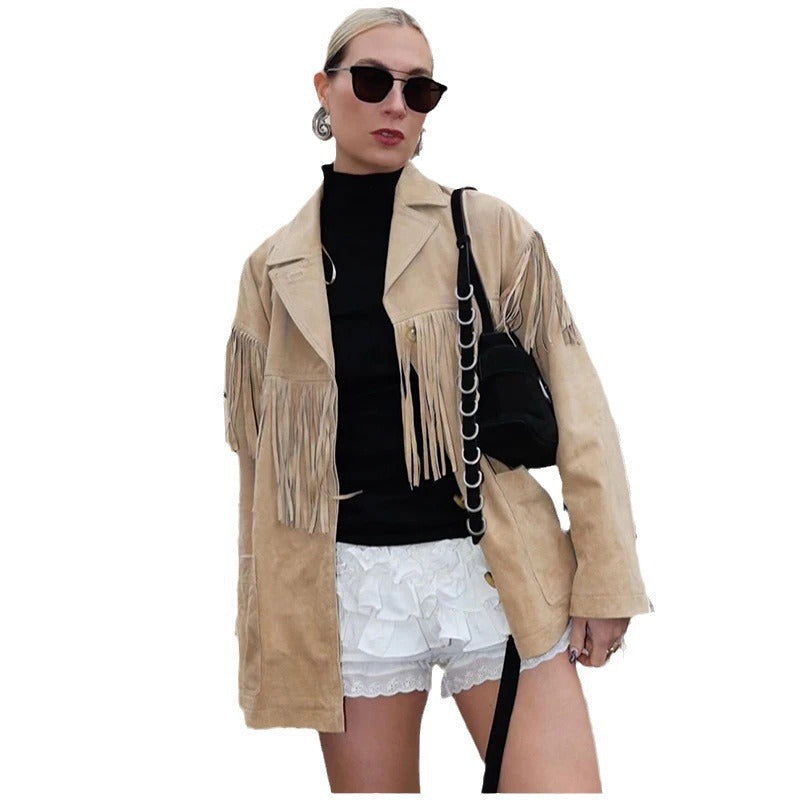Rückansicht der Damen-Fransenjacke aus Wildleder