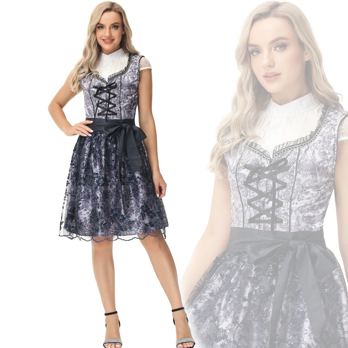 Damen-Dirndlkleid mit geschnürter Miederfront und Spitzenüberrock