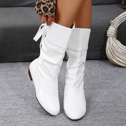 Damenstiefel mit niedrigem Blockabsatz und modischer Raffung