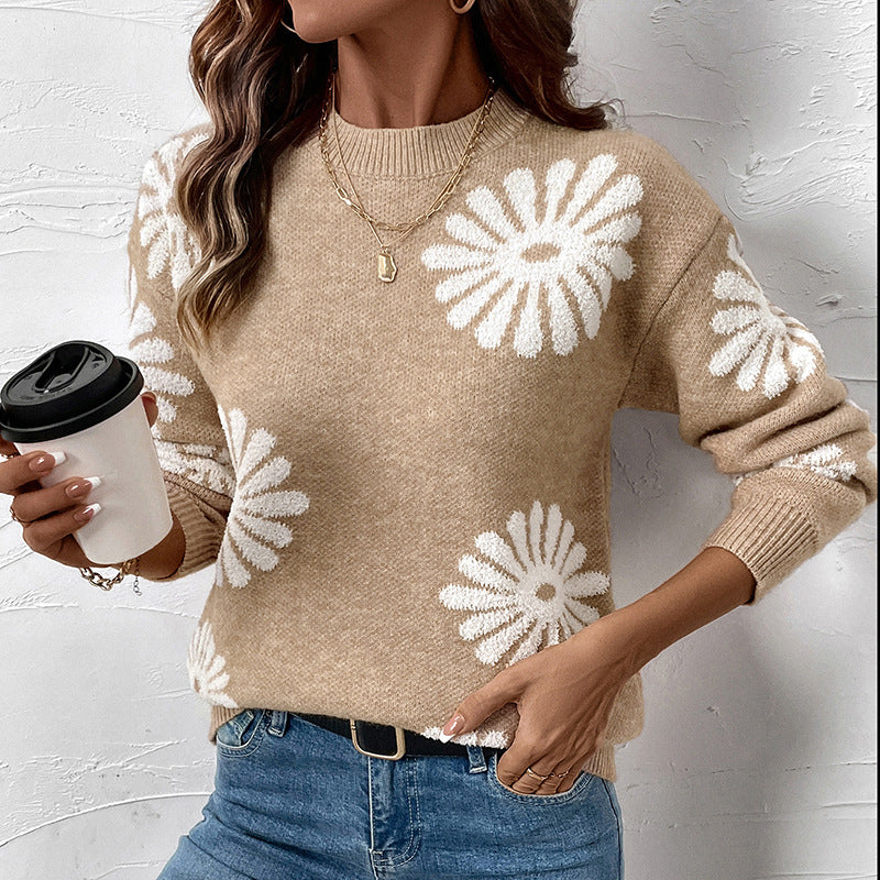 Damenpullover mit langen Ärmeln und floralem Muster von vorn