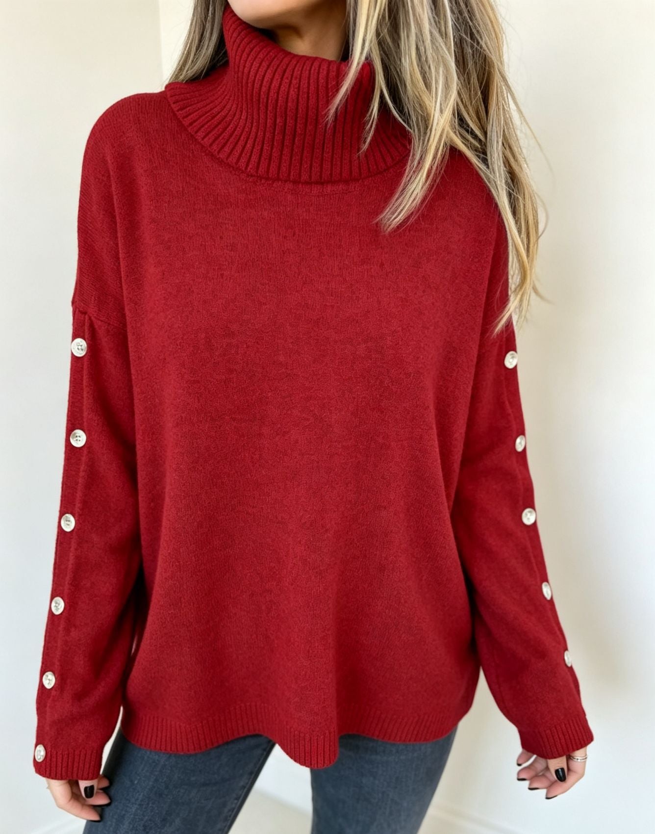 Damen Oversize Rollkragenpullover Mit Knöpfen