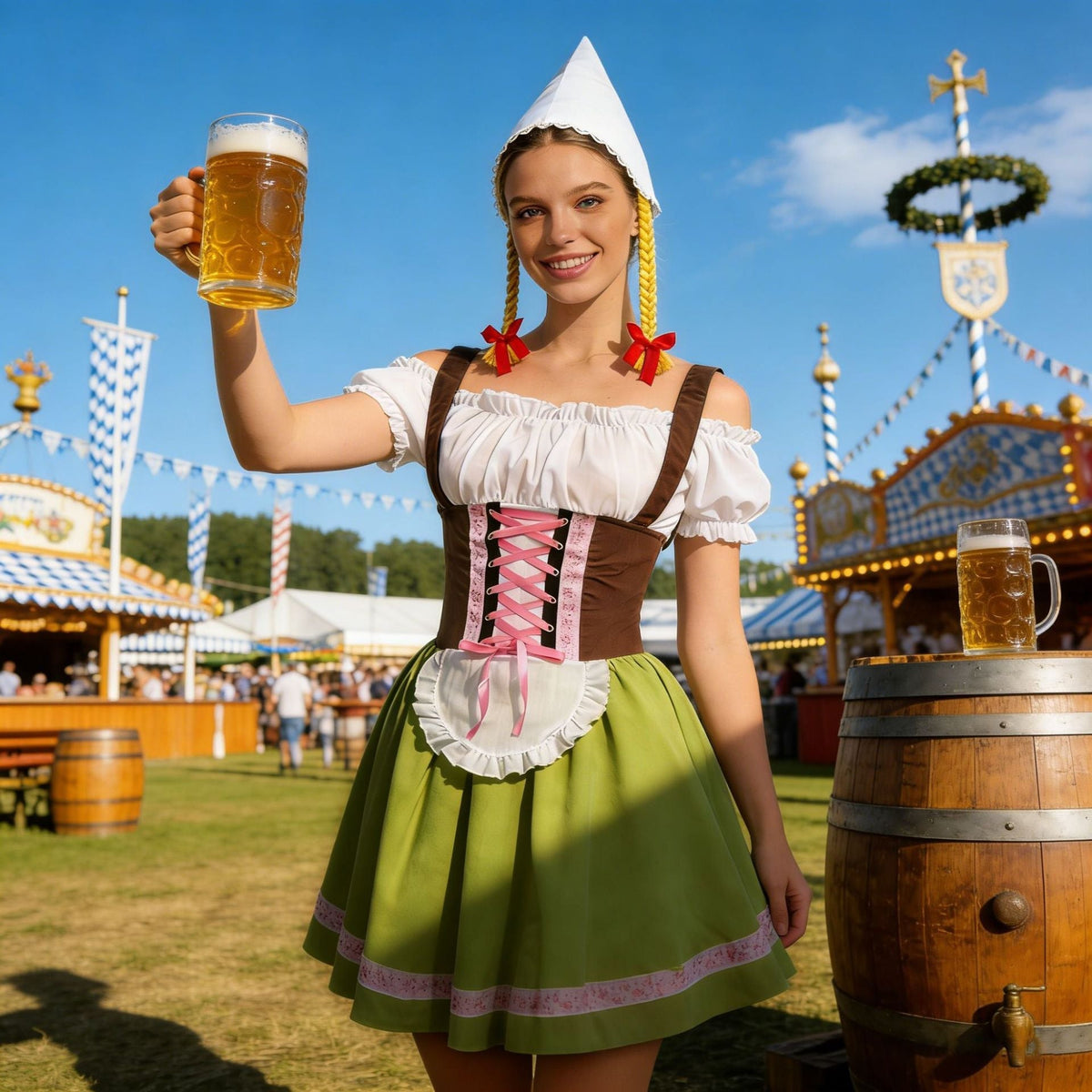 Damen-Dirndl mit aufliegender Schürze und traditionellem Kopftuch
