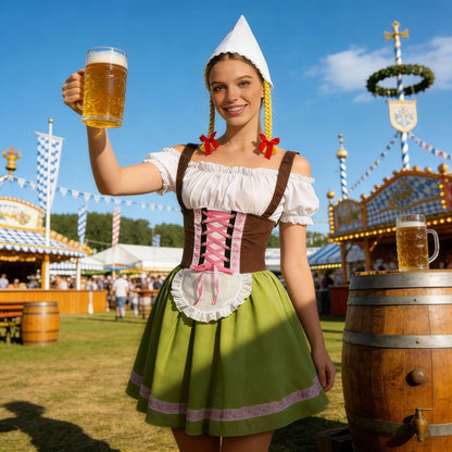 Damen-Dirndl mit aufliegender Schürze und traditionellem Kopftuch