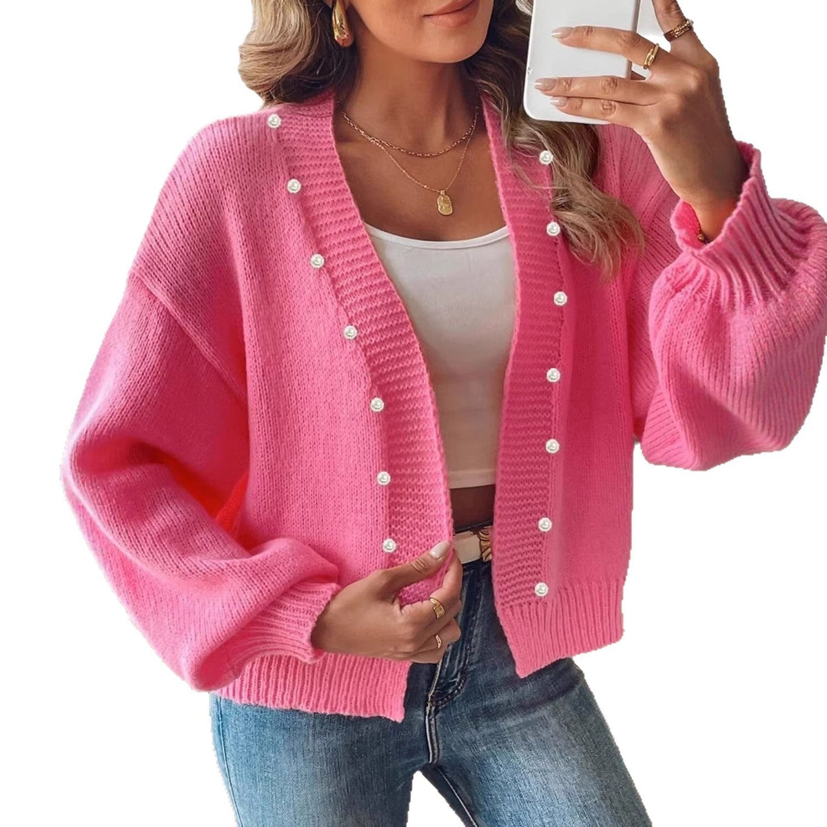 Seitliche Ansicht des eleganten Strickcardigans für Damen