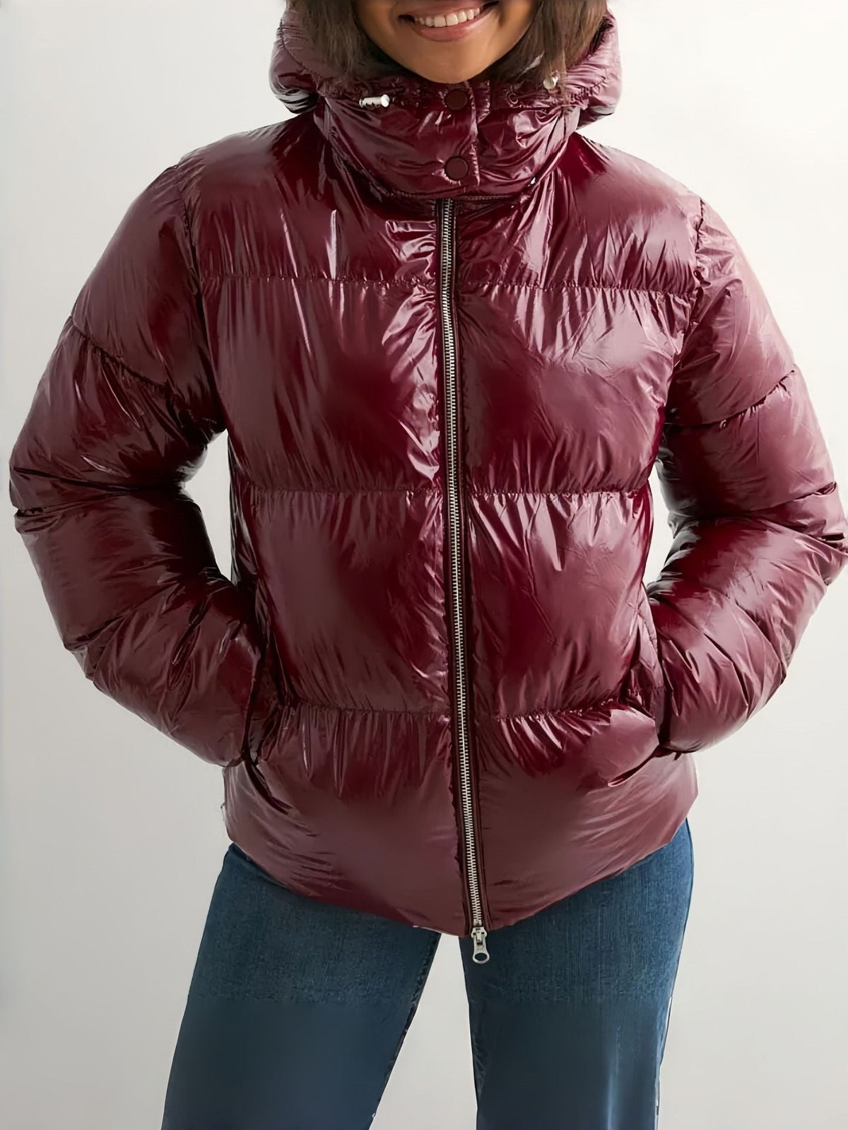 Damen Winterdaunenjacke Mit Glänzender Oberfläche