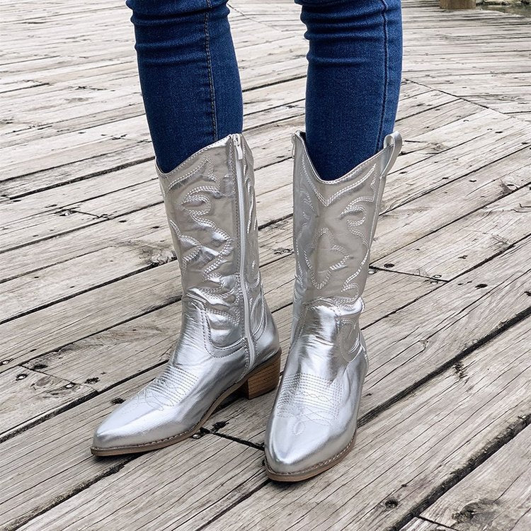 Damen Cowboystiefel Aus Kunstleder Mit Blockabsatz