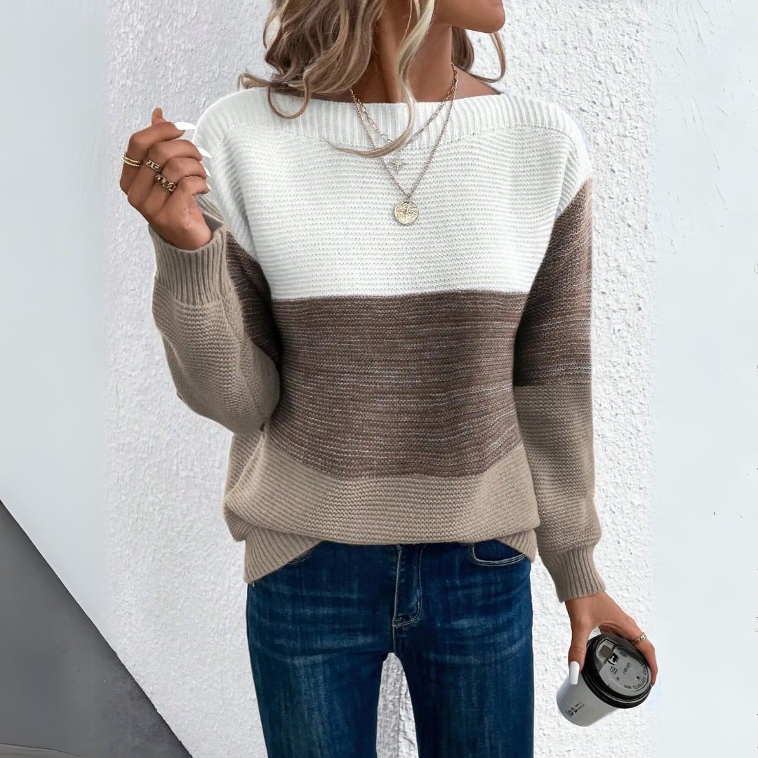 Damen Farbblock-Pullover aus Strick mit elegantem U-Boot-Ausschnitt