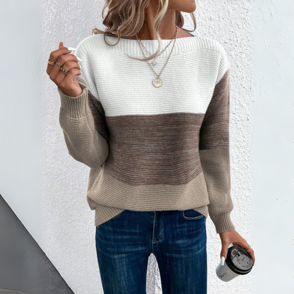 Damen Farbblock-Pullover aus Strick mit elegantem U-Boot-Ausschnitt
