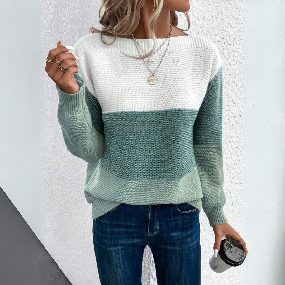 Damen-Strickpullover im Farbblock-Design mit U-Boot-Ausschnitt, Vorderansicht