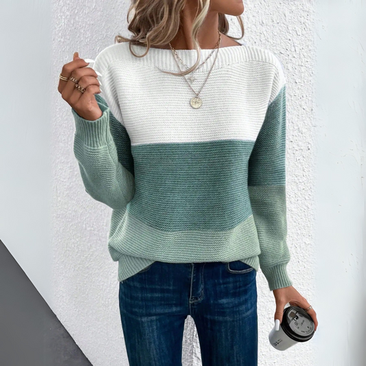Damen-Strickpullover im Farbblock-Design mit U-Boot-Ausschnitt, Vorderansicht