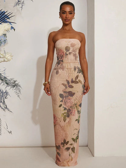 Damen-Maxikleid mit trägerlosem Ausschnitt und Vintage-Blumenprint