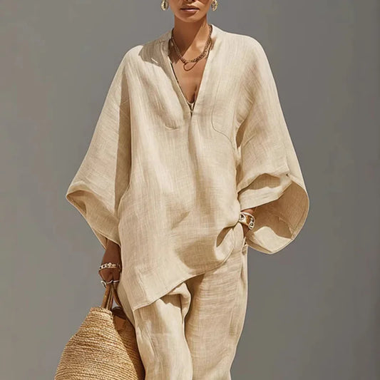 Damen Zweiteiler im Boho-Stil aus Leinen mit lockerem Oberteil und passender Hose
