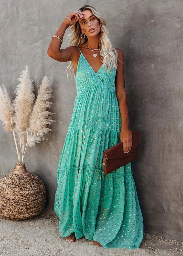 Boho Chic grünes langes Sommerkleid