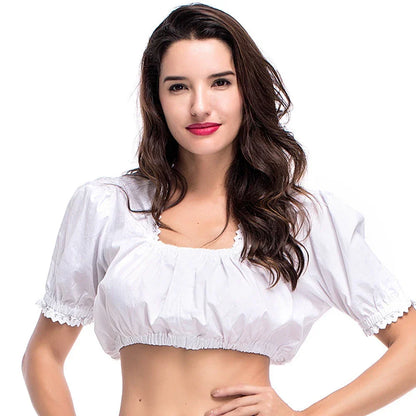 Rückansicht einer weißen Dirndlbluse im Oktoberfest-Stil