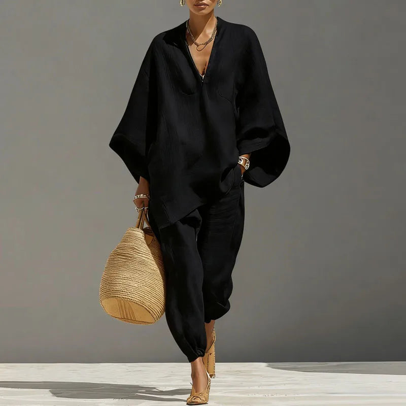 Damen Zweiteiler aus Leinen im Boho-Stil als lässiges Sommeroutfit im Alltag