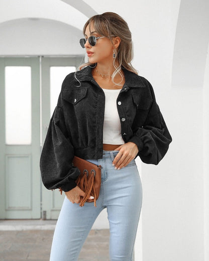 Damen Cropped Jacke Mit Taschen Und Knöpfen