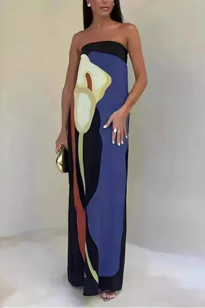 Schulterfreies Maxikleid für Damen mit fließender Silhouette und Muster
