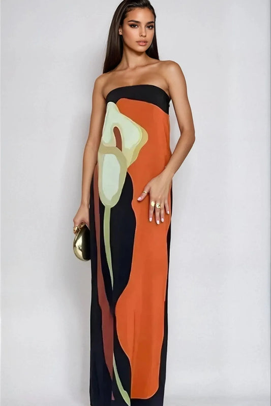 Damen Maxikleid schulterfrei mit abstraktem Print in voller Länge