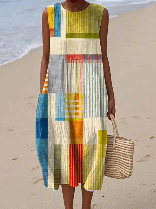 Damen Midi Kleid mit geometrischem Print, ärmellos und luftig geschnitten