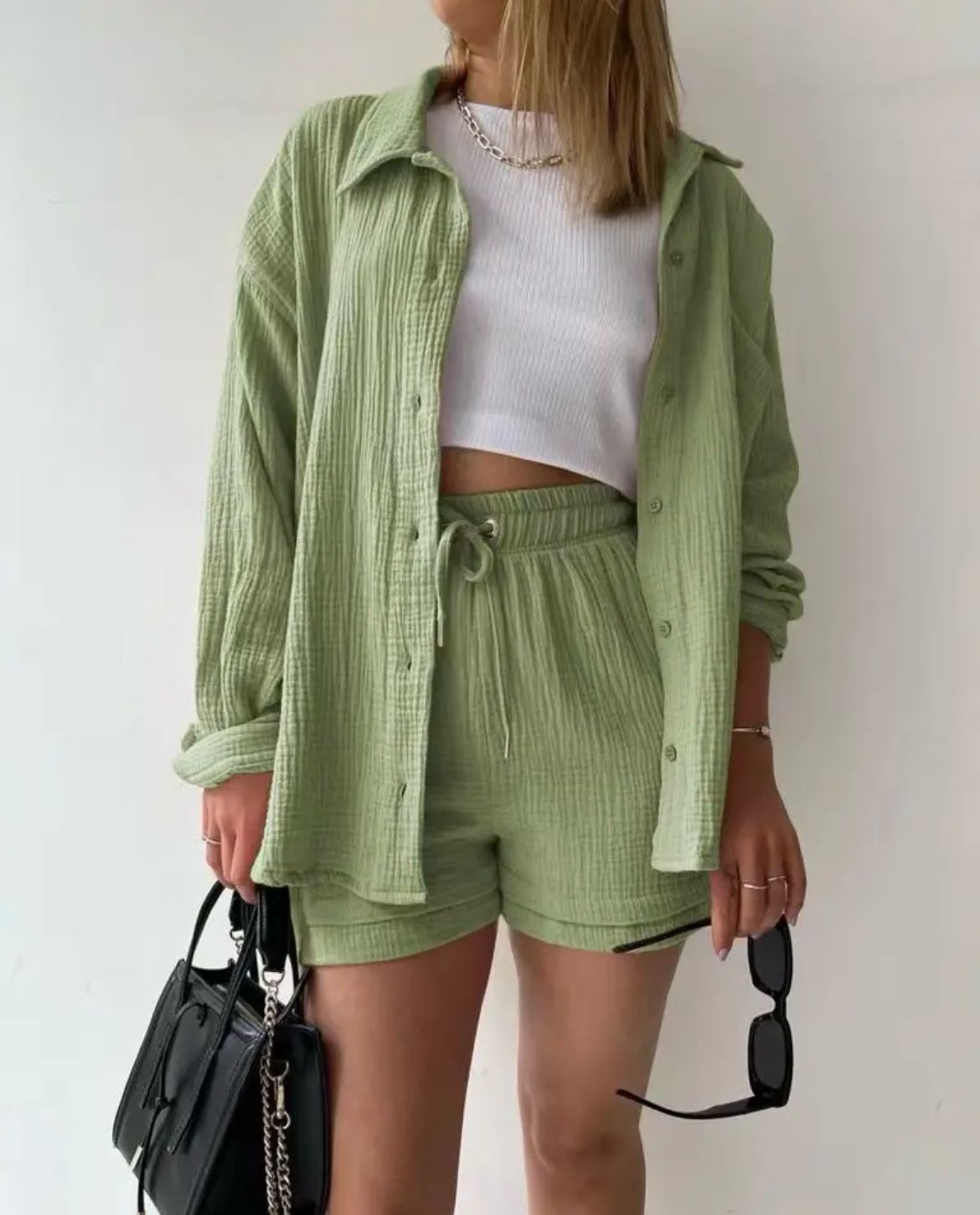 Damen Sommer Set Mit Plissierter Struktur Und Knopfdetail