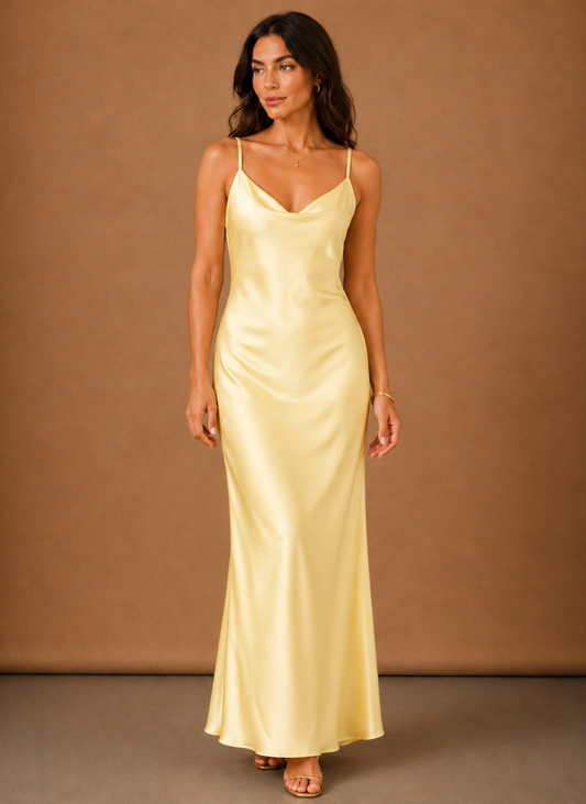 Damen Maxikleid aus Satin mit Wasserfallausschnitt in voller Länge