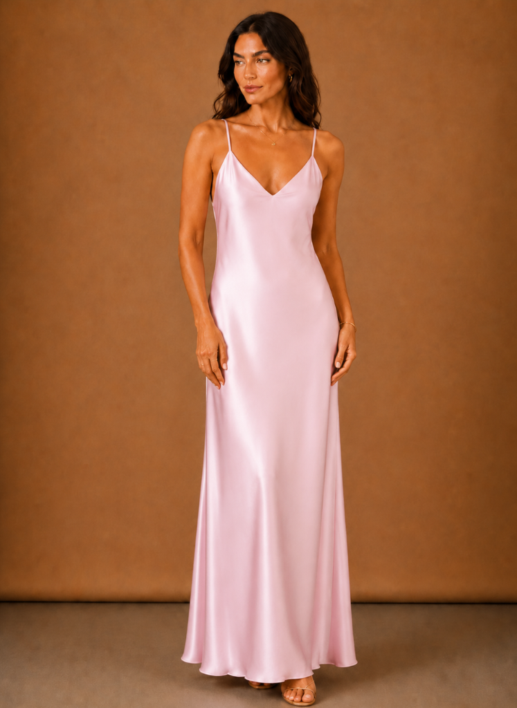 Detailaufnahme des Wasserfallausschnitts am Damenkleid aus Satin