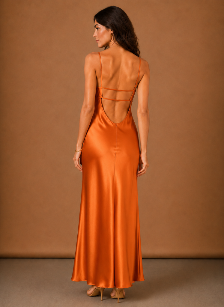 Nahaufnahme des glänzenden Satinmaterials am eleganten Damenkleid