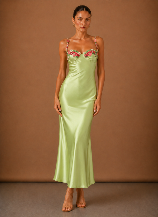 Damen Maxikleid aus Satin mit Blumen-Detail in eleganter voller Ansicht