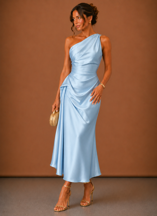 Damen Midikleid aus Satin mit Ein-Schulter-Design in eleganter Vorderansicht
