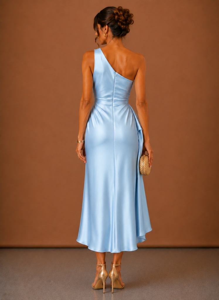 Damenkleid in Midi-Länge aus glänzendem Satin mit figurbetonter Passform