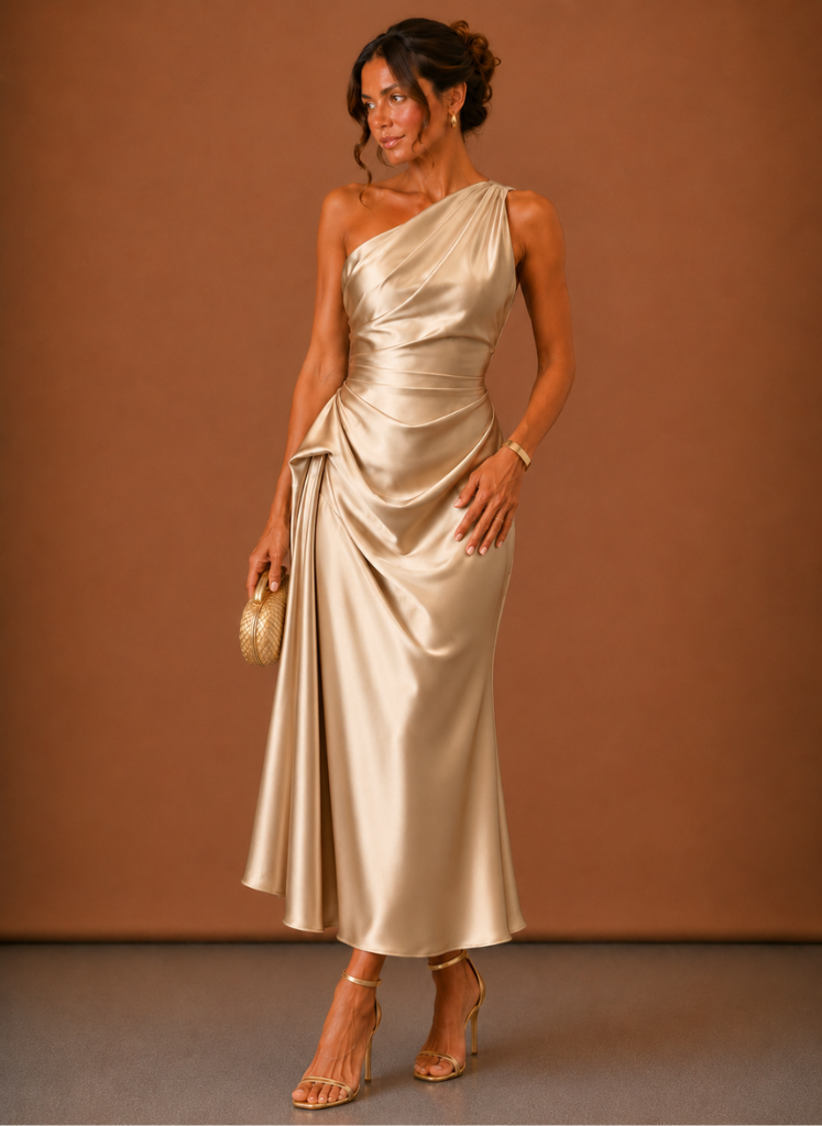 Damen Midikleid Satin Ein Schulter Festlich