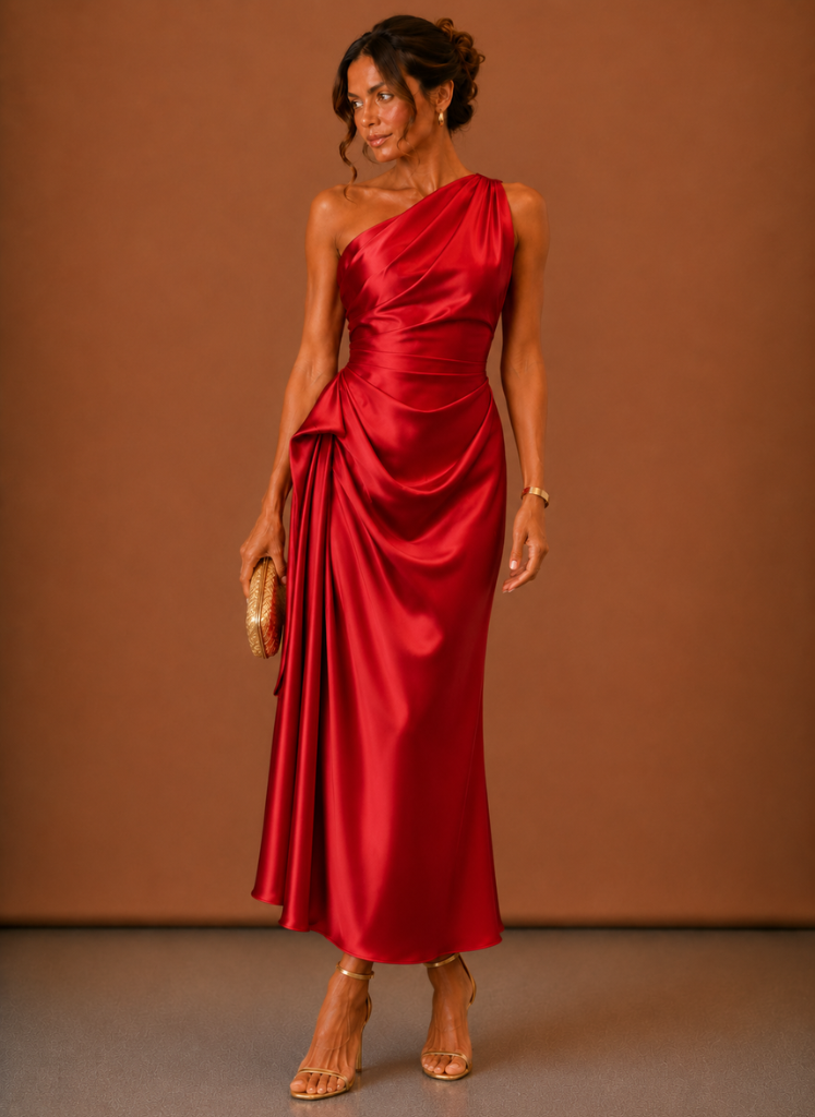 Damen Midikleid Satin Ein Schulter Festlich