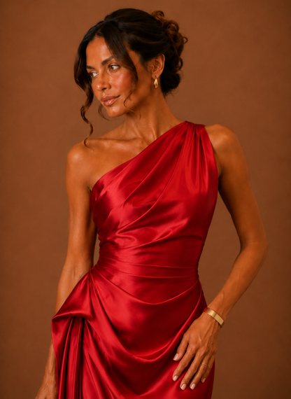 Festliches Midi Damenkleid aus Satin für Hochzeit, Party oder Abendanlass