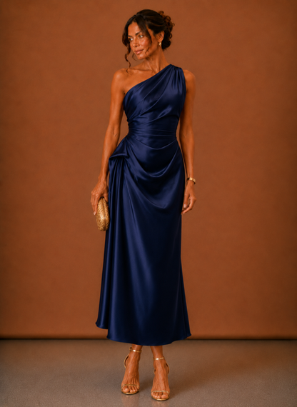 Damen Midikleid Satin Ein Schulter Festlich