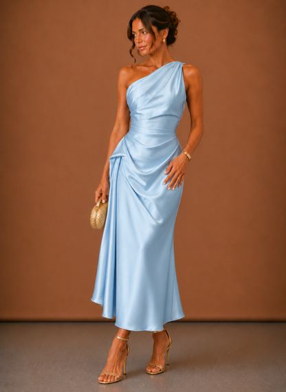 Damen Midikleid Satin Ein Schulter Festlich