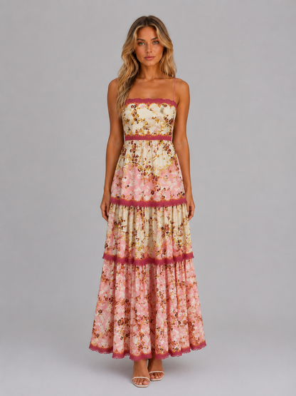 Damen-Maxikleid mit Blumenprint und Schnürung am Rücken in voller Länge