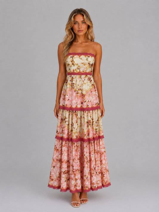 Damen-Maxikleid mit Blumenprint und Schnürung am Rücken in voller Länge