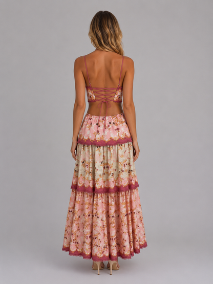 Maxikleid für Damen mit floralem Muster und Rückenausschnitt
