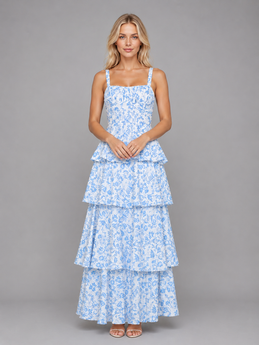 Damen Maxikleid mit Blumenprint und Stufenrock in voller Länge