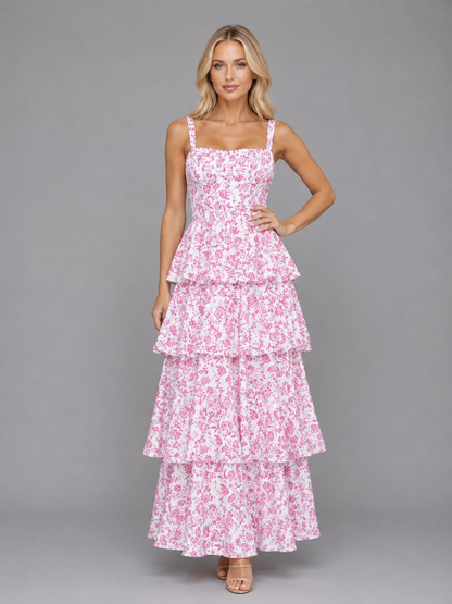 Damen Maxi Kleid Mit Blumenprint Und Stufenrock