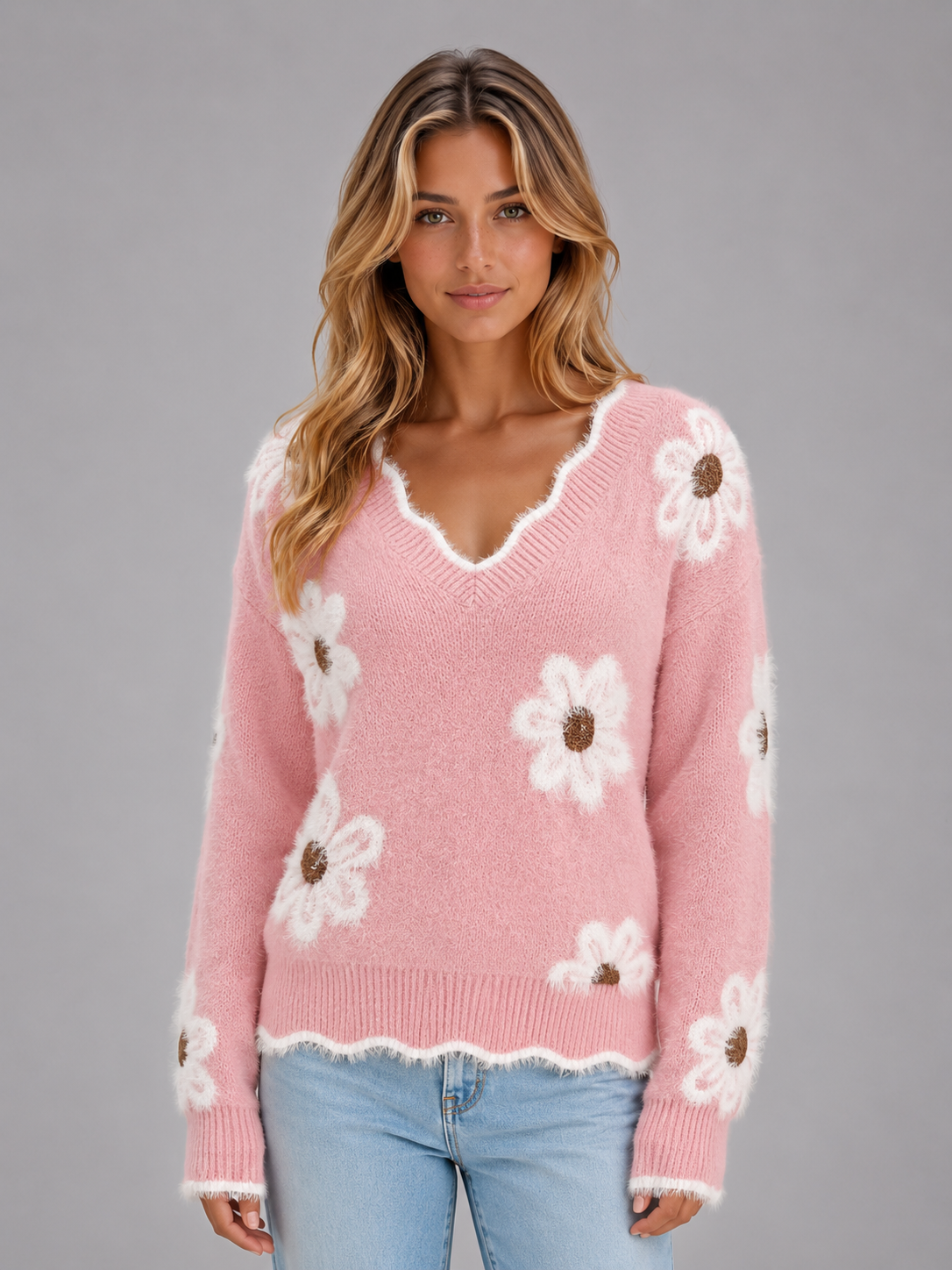 Damenpullover mit V-Ausschnitt und floralem Strickmuster in Seitenansicht