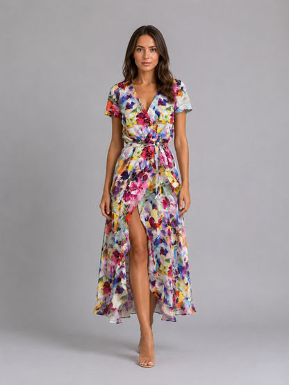 Damen Wickel Midikleid mit Blumenmuster in voller Ansicht