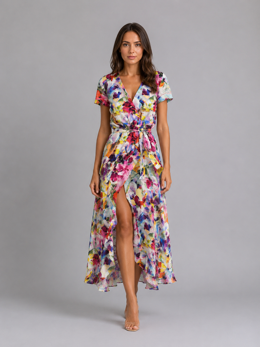 Damen Wickel Midikleid mit Blumenmuster in voller Ansicht