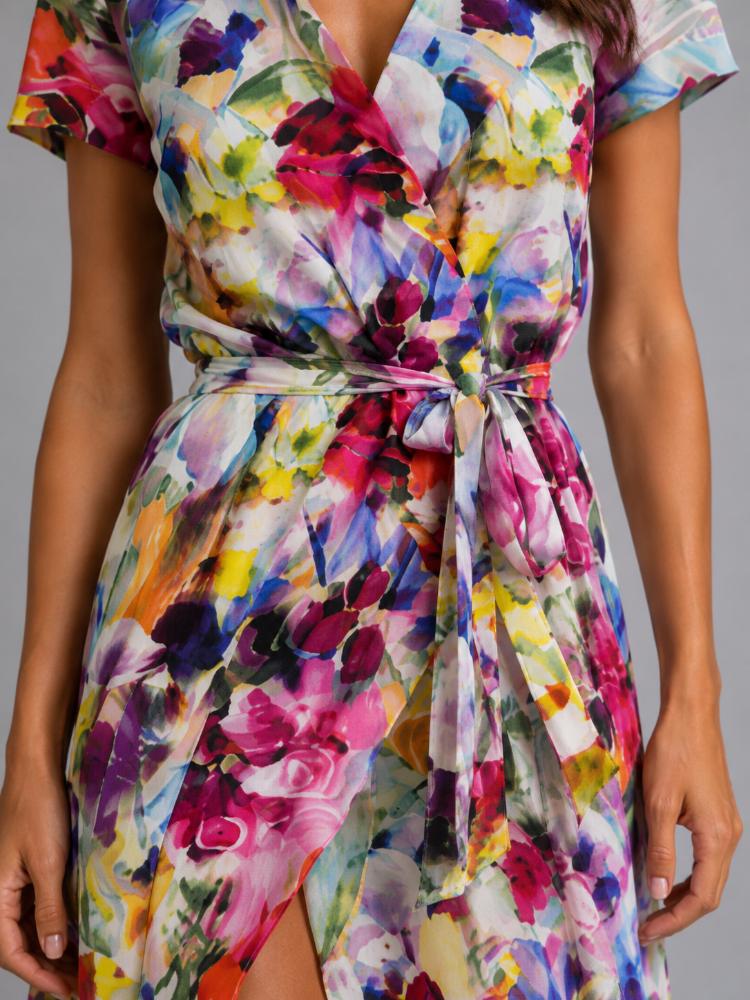 Seitenansicht des Wickelkleids mit Blumenmuster für Damen