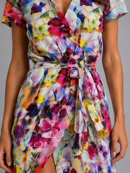 Seitenansicht des Wickelkleids mit Blumenmuster für Damen