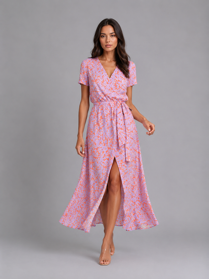 Damen Wickel Midikleid Mit Blumenmuster